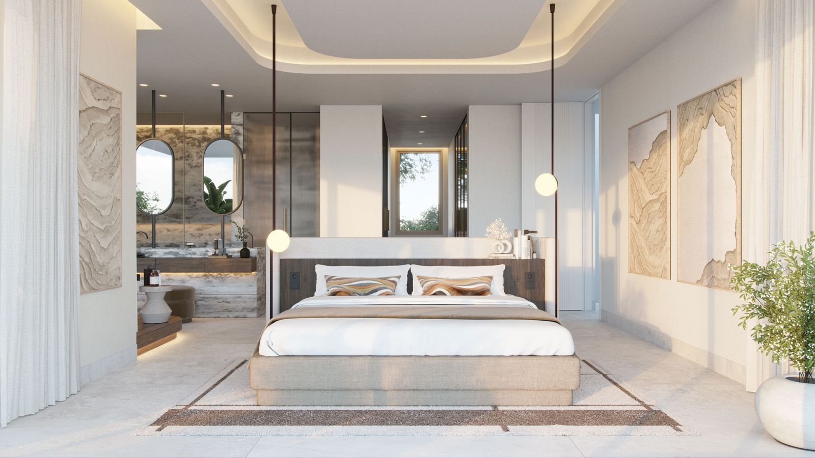 Luxe slaapkamer met en-suite badkamer en modern design.