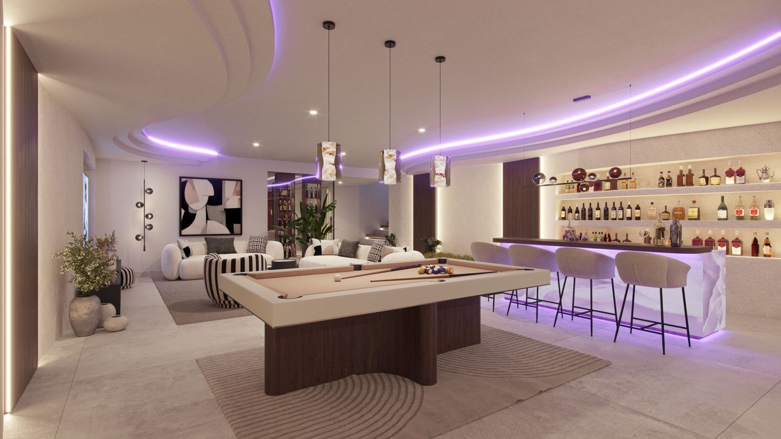 Luxe speelkamer met pooltafel, bar en zithoek