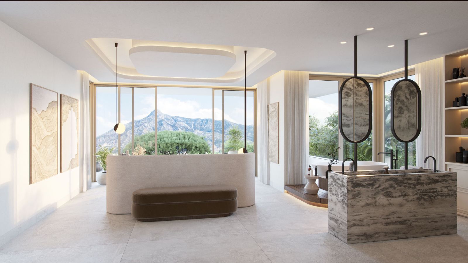Luxuriöses Badezimmer mit Bergblick und modernem Design.