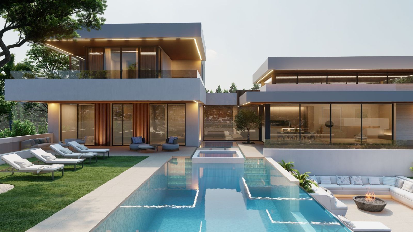 Moderne Villa Außenansicht mit Pool und Sitzgelegenheiten im Freien